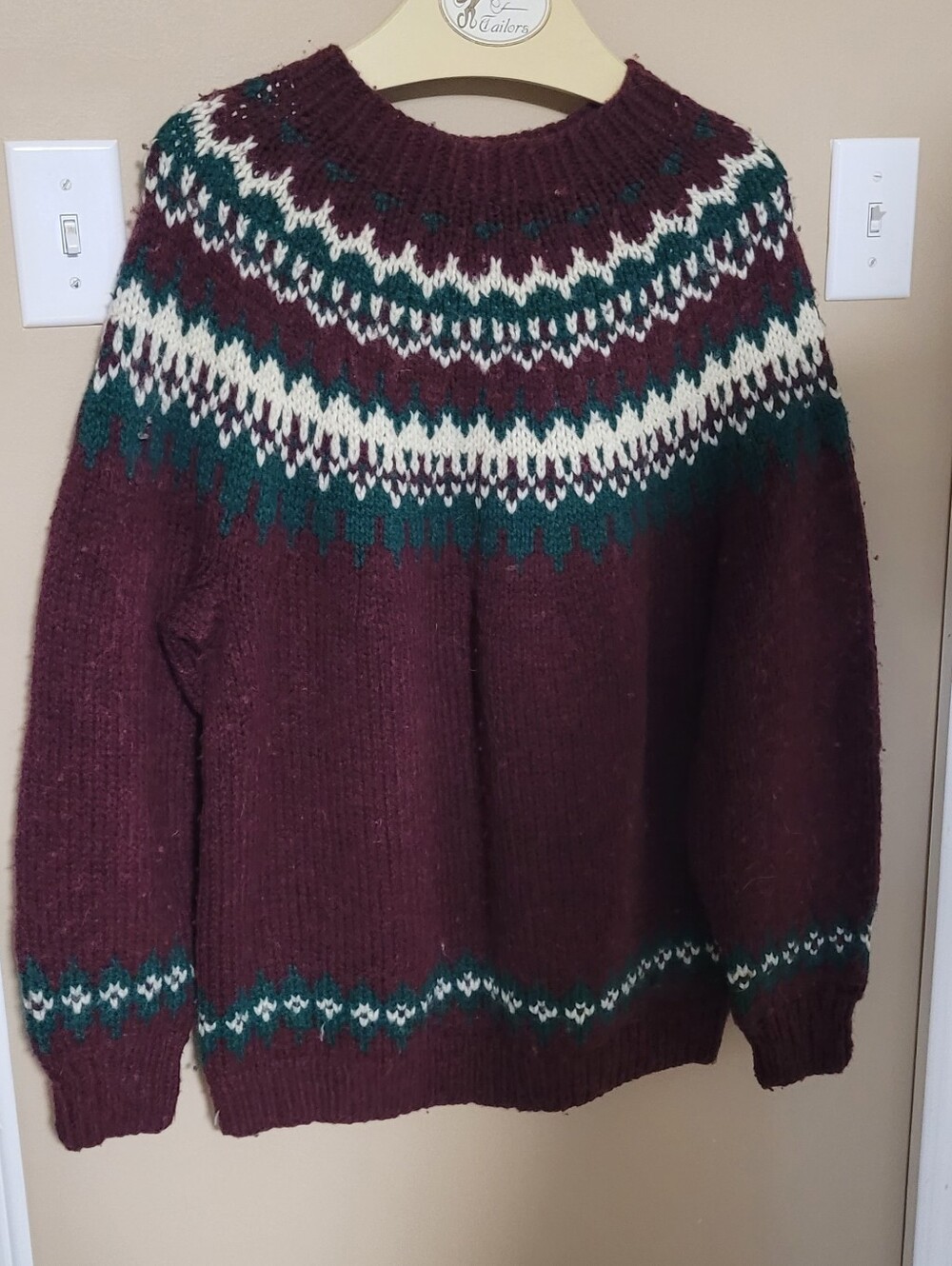 Maroon Fair Isle Knit Sweater with Cream & Forest Green Accents
